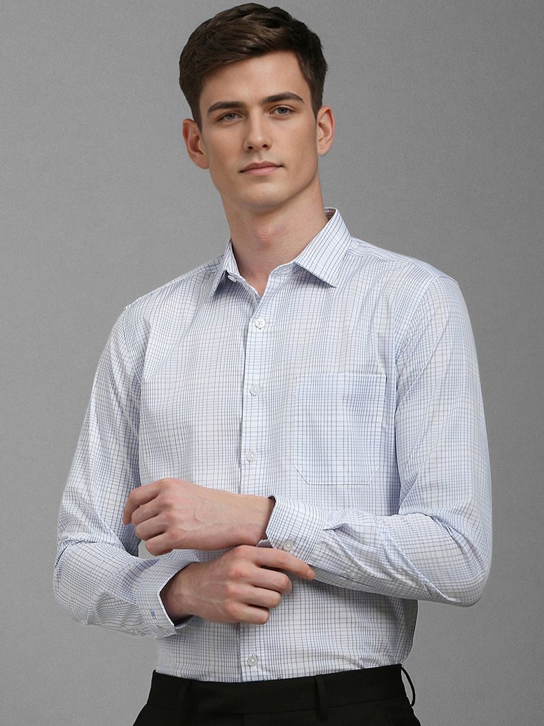 

Louis Philippe Men Slim Fit Spread Collar Micro Checked Cotton Formal Shirt, Blue