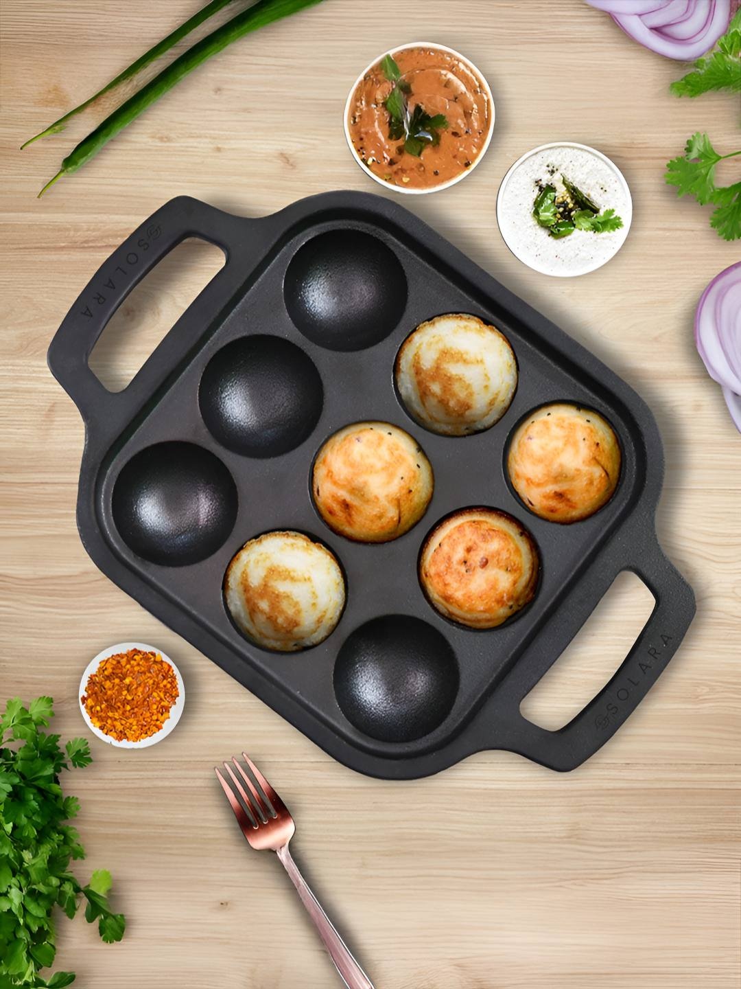 

Solara Cast Iron Paniyaram with Handle 8 inch- 9 Cavities (20 CM), Black