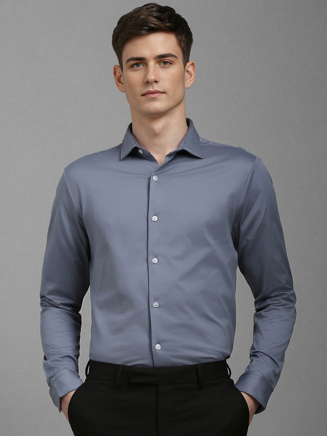 

Louis Philippe Men Slim Fit Spread Collar Solid Cotton Formal Shirt, Grey