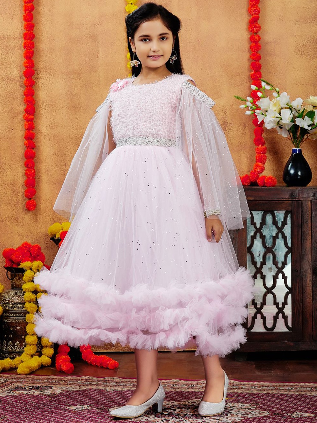 

BAESD Girls Emballished Self Design Ruffles Net Gown Dress, Pink
