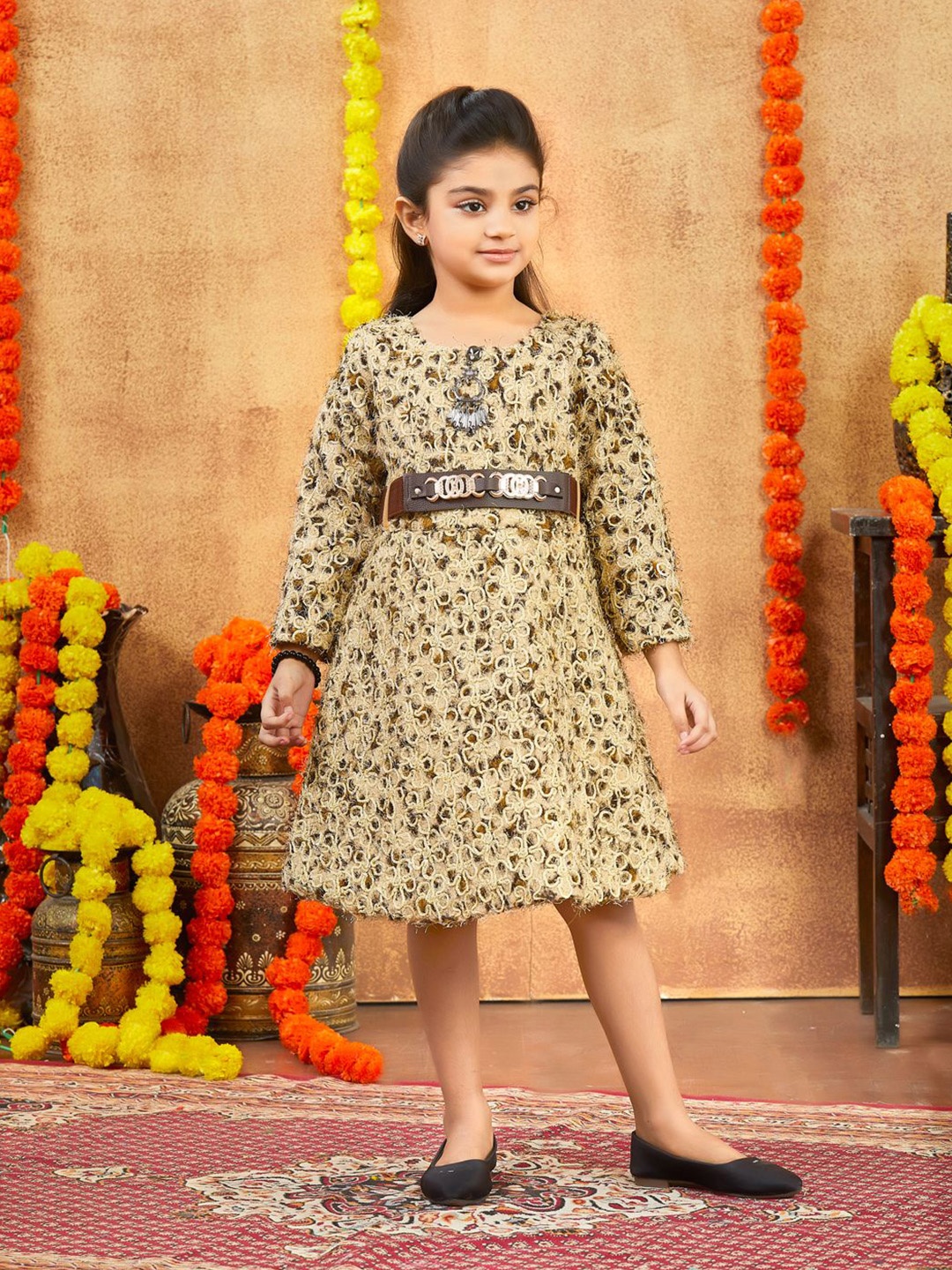 

BAESD Girls Animal Printed Woollen A-Line Dress, Brown