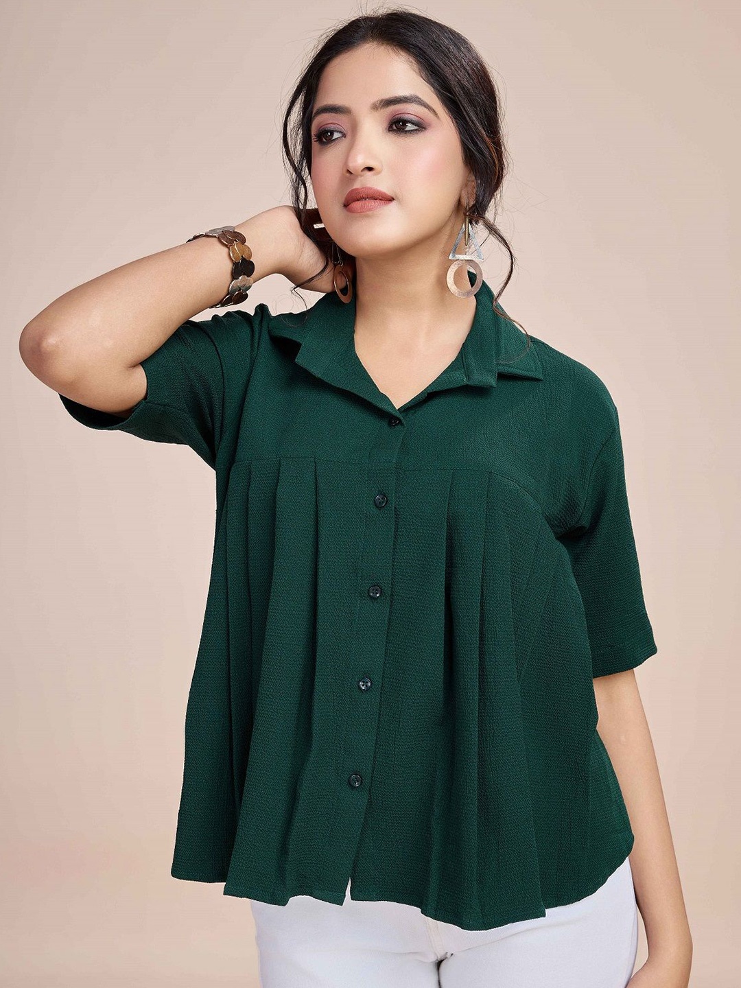 

Fashion Ritmo Women Pleated Relax Fit Shirt Style Top, Green