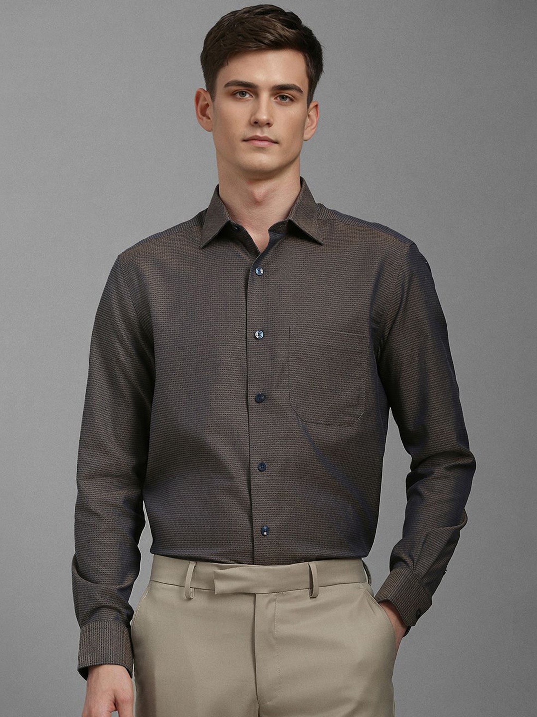 

Louis Philippe Men Classic Fit Spread Collar Micro Ditsy Printed Cotton Formal Shirt, Brown