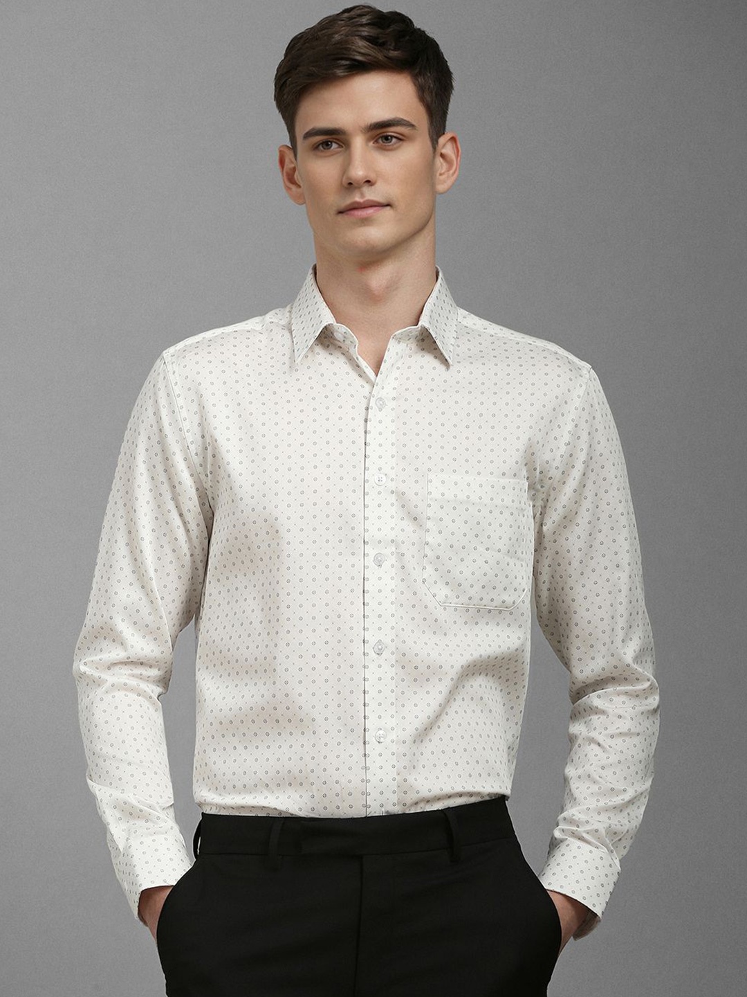 

Louis Philippe Men Slim Fit Spread Collar Geometric Printed Cotton Formal Shirt, White