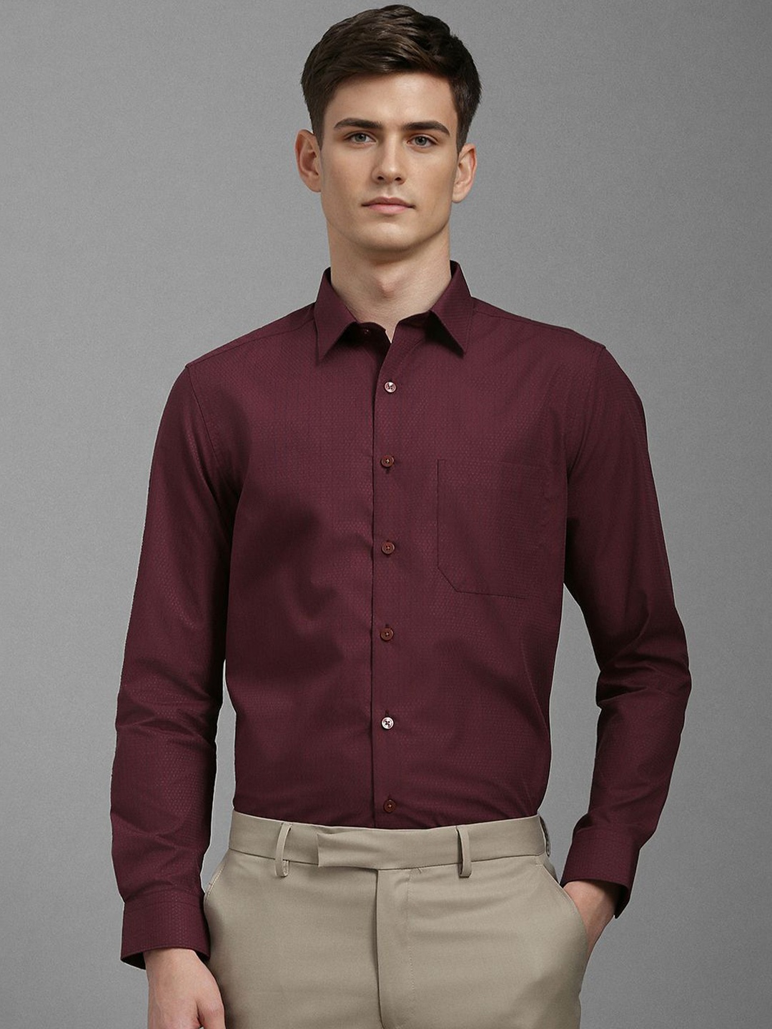 

Louis Philippe Men Slim Fit Spread Collar Textured Cotton Formal Shirt, Maroon