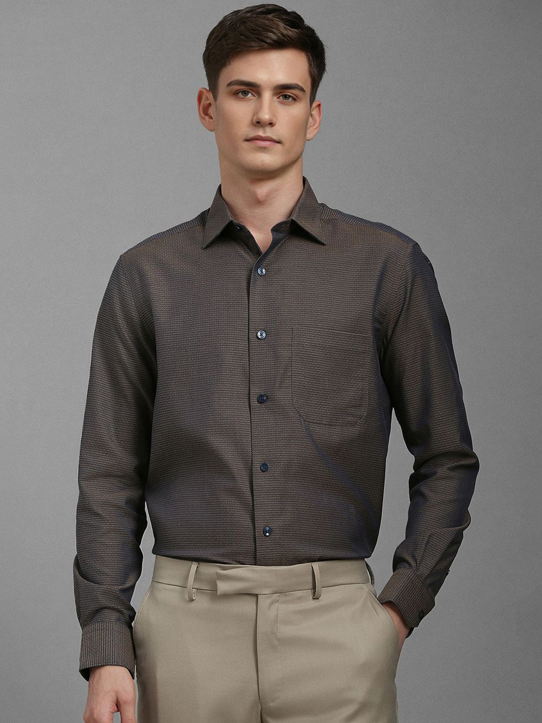 

Louis Philippe Men Classic Fit Spread Collar Micro Ditsy Printed Cotton Formal Shirt, Brown
