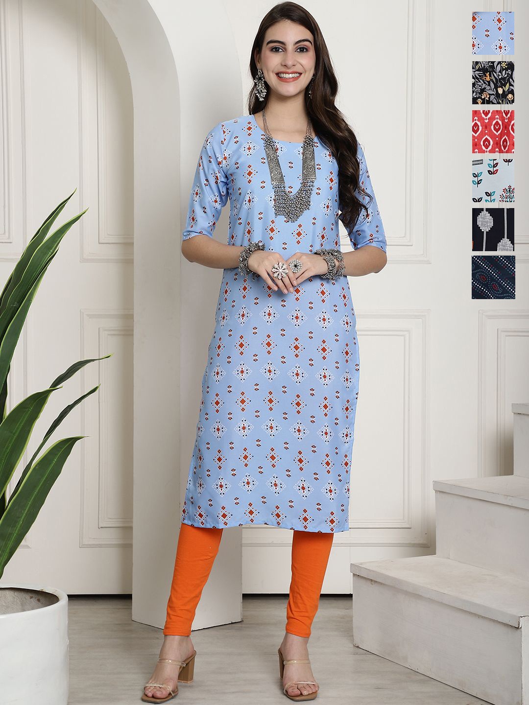 

7Threads Selection Of 6 Ethnic Motifs Printed Round Neck Straight Kurta, Blue