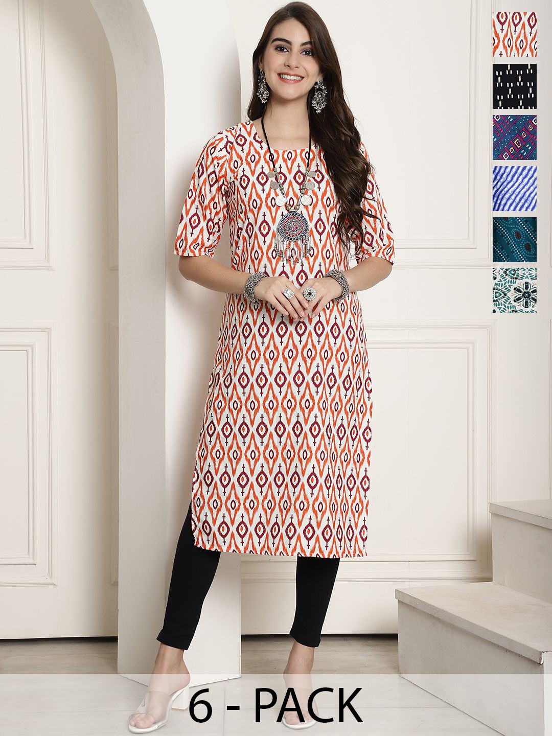 

7Threads Selection Of 6 Ethnic Motifs Printed Round Neck Straight Kurta, Pink