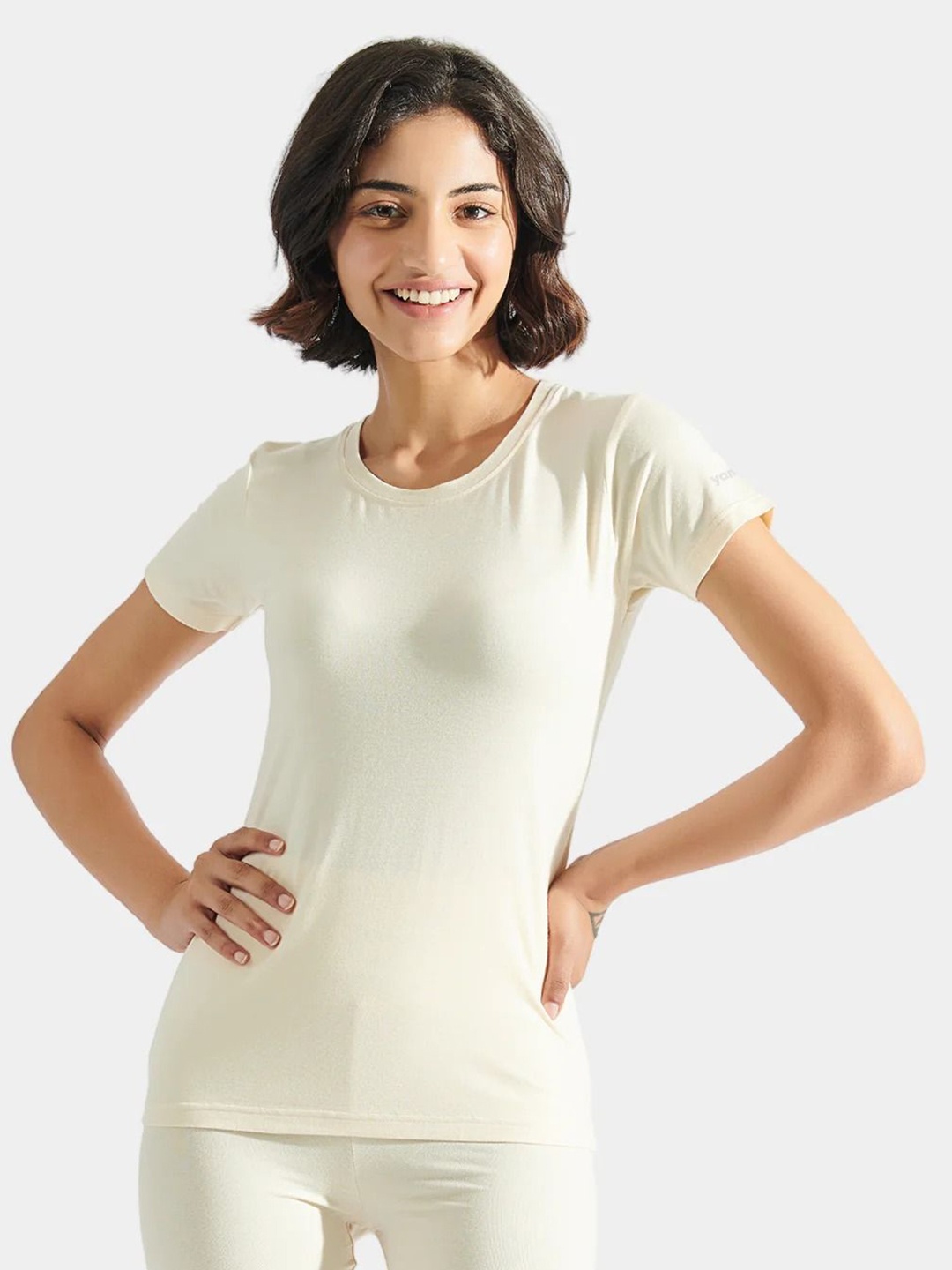 

YAMAYOGA Women Solid Round Neck T-shirt, Off white