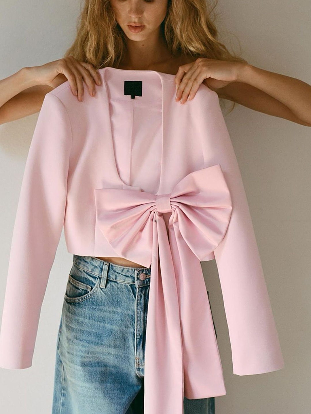 

LULU & SKY Women Solid Bow Applique Crop Tailored Jacket, Pink