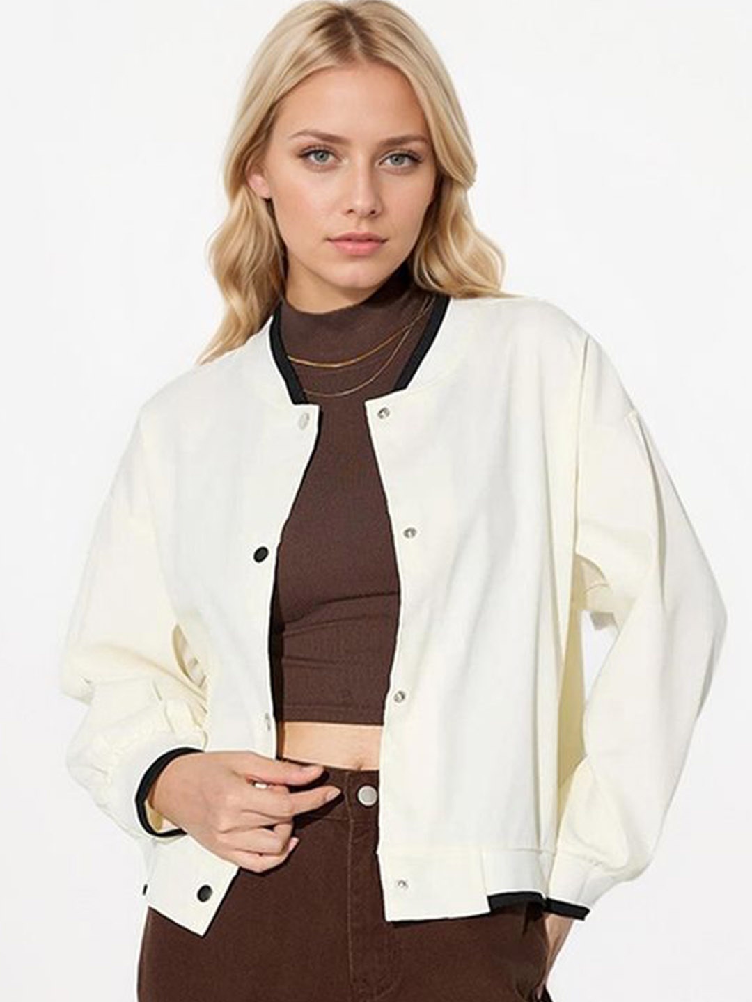 

LULU & SKY Women Stand Collar Solid Casual Tailored Jacket, Off white
