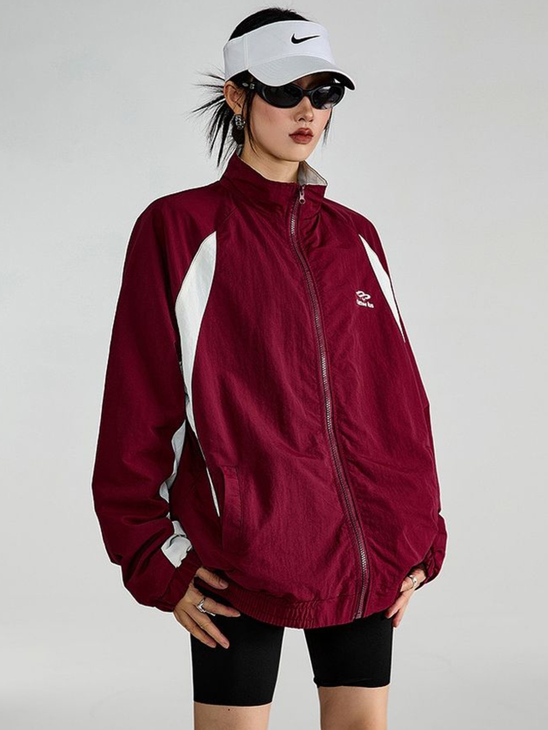 

LULU & SKY Women Mock Collar Colourblocked Sporty Jacket, Maroon