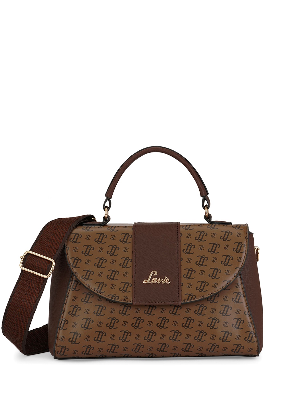 

Lavie Women Typography Printed Structured Leather Satchel Bag, Coffee brown