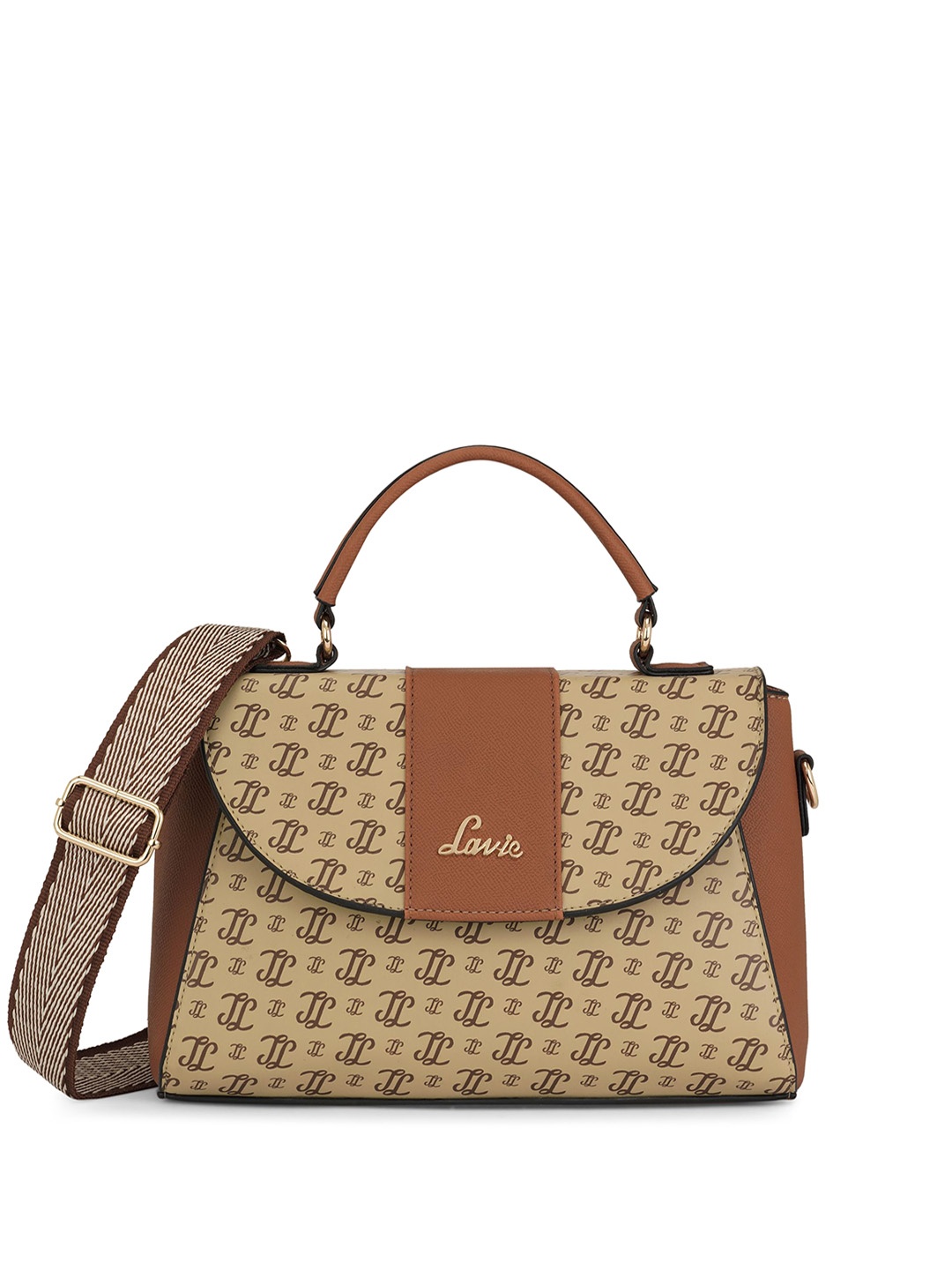 

Lavie Women Typography Printed Structured Leather Satchel Bag, Beige