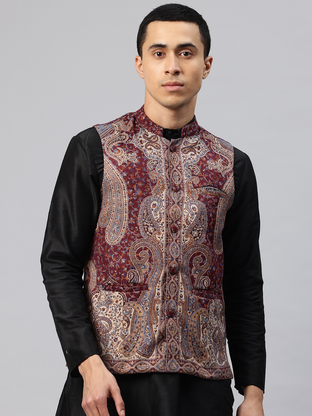

SWI Stylish Men Woven Design Nehru Jacket, Maroon