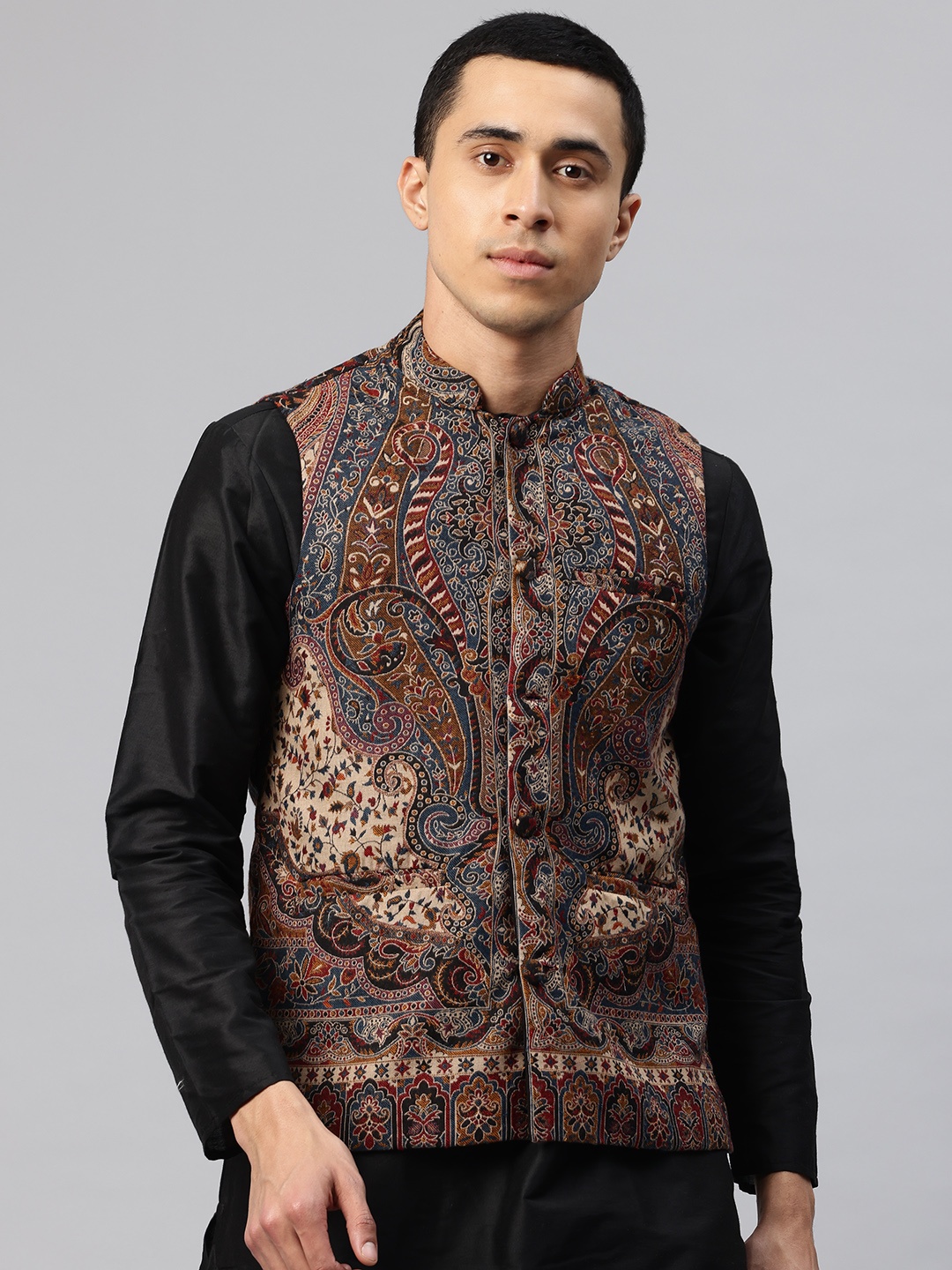 

SWI Stylish Men Woven Design Nehru Jacket, Black