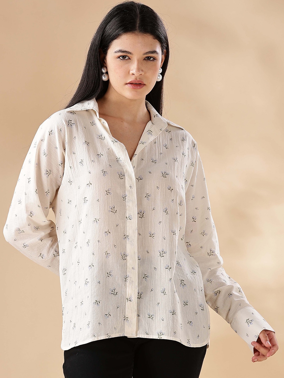 

HERE&NOW Women Oversized Fit Spread Collar Floral Printed Cotton Casual Shirt, Beige