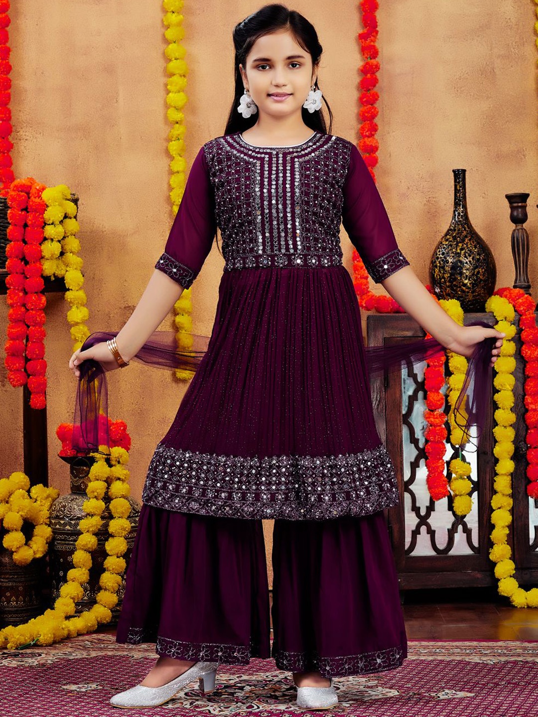 

BAESD Girls Mirror Work Embroidery Georgette Kurti With Sharara And Duapatta, Purple