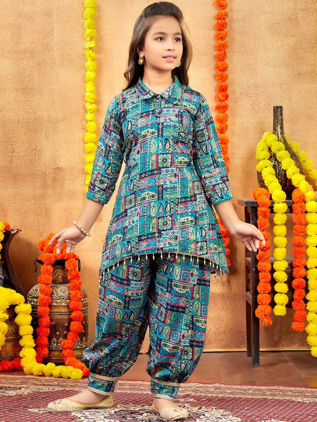 

BAESD Girls Ethnic Motifs Printed Sequnnied Shirt Collar Pure Cotton Kurti with Patiala, Sea green