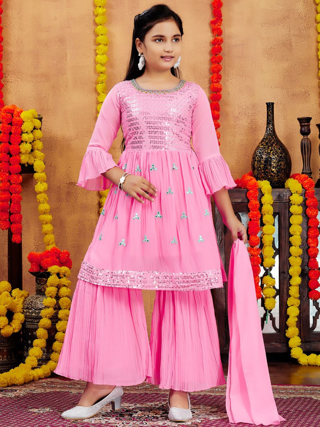 

BAESD Girls Sequins Embroidered Georgette Kurta with Sharara And Dupatta, Pink
