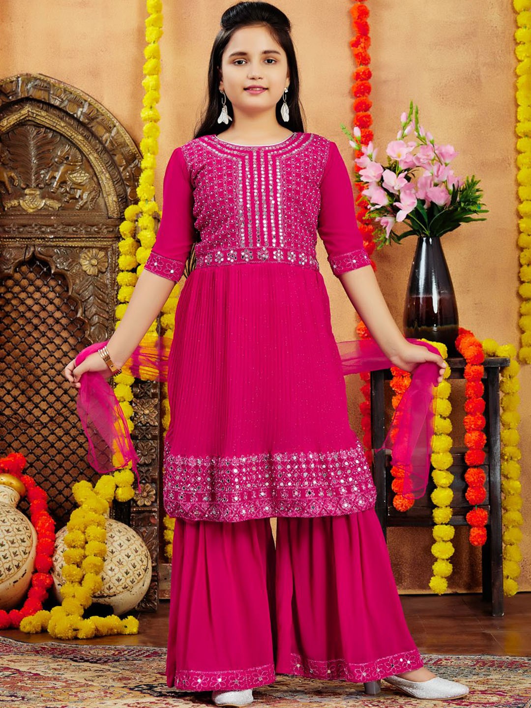 

BAESD Girls Embroidered Mirror Work Kurta with Sharara And Dupatta, Pink