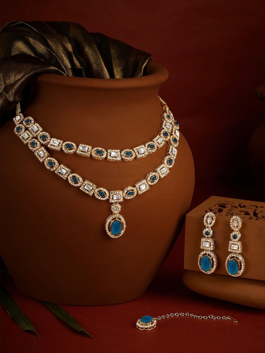 

AMI Gold-Plated Austrian Diamonds-Studded Layered Necklace and Earrings With Maang Tika