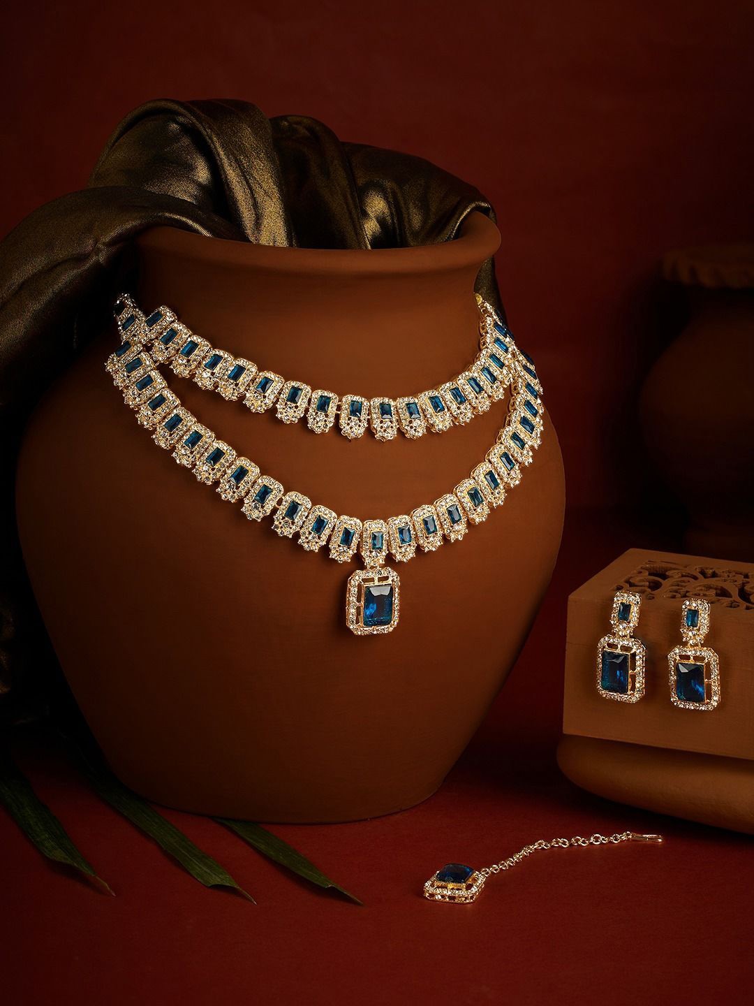 

Ami Gold-Plated Austrian Diamonds-Studded Layered Necklace and Earrings With Maang Tika