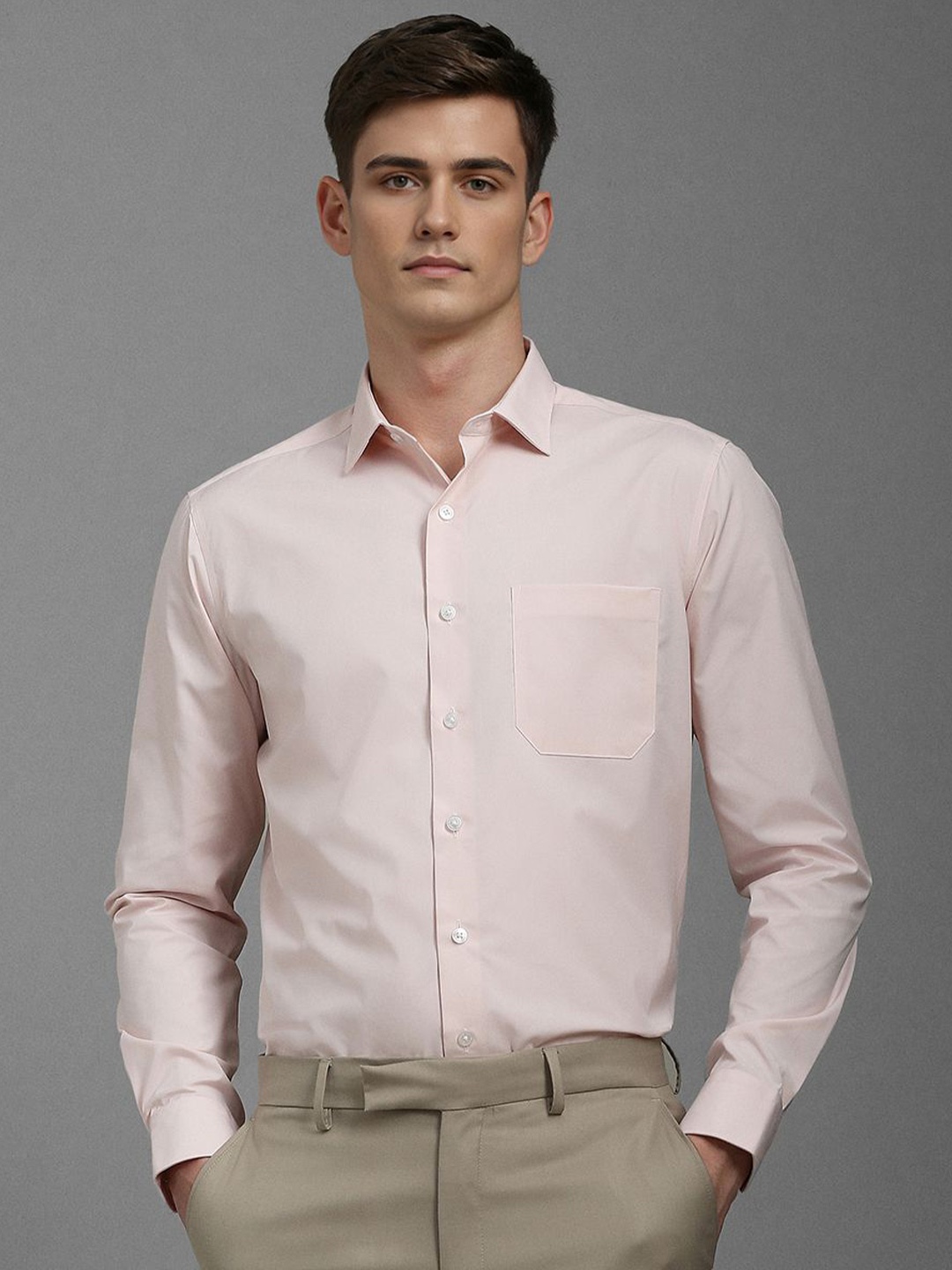 

Louis Philippe Men Slim Fit Spread Collar Solid Cotton Formal Shirt, Pink