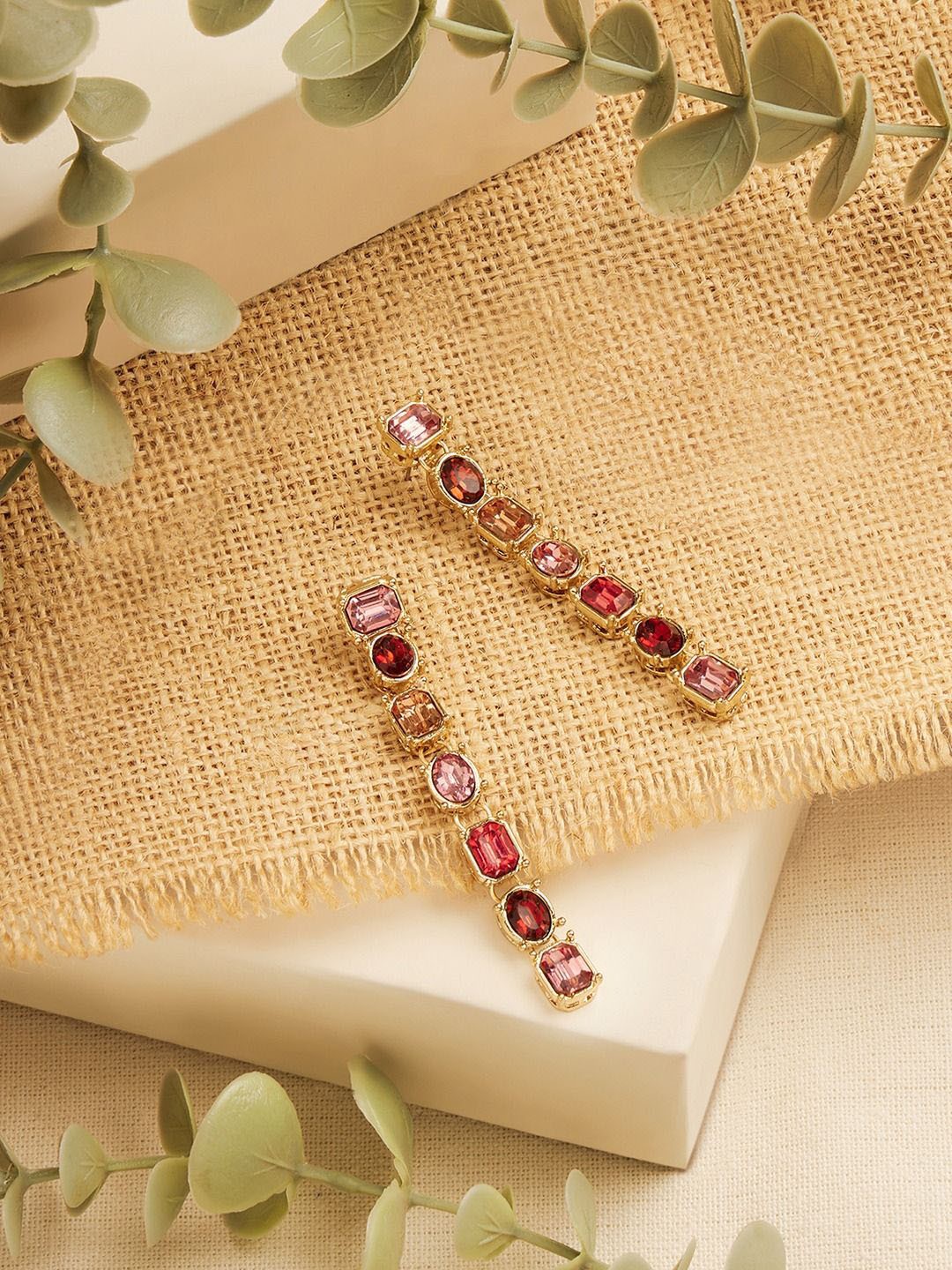 

AMI Gold Plated Pink And Red Artificial Studded Stone Drop Earrings