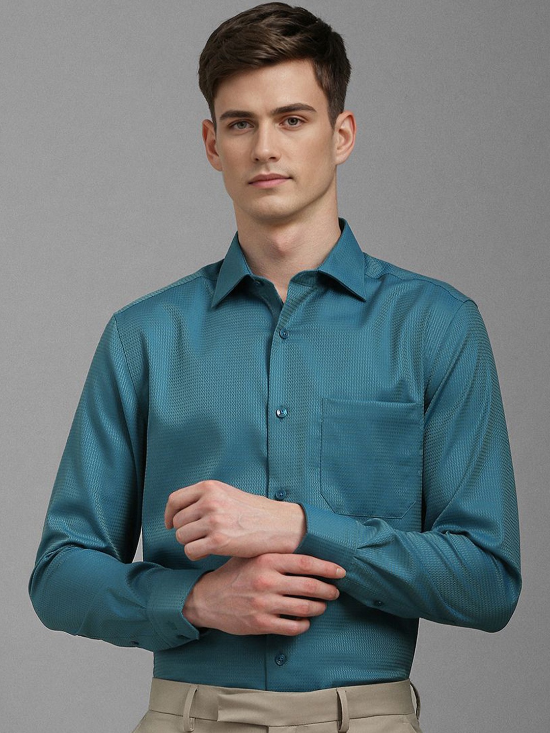 

Louis Philippe Men Classic Fit Spread Collar Textured Cotton Formal Shirt, Teal