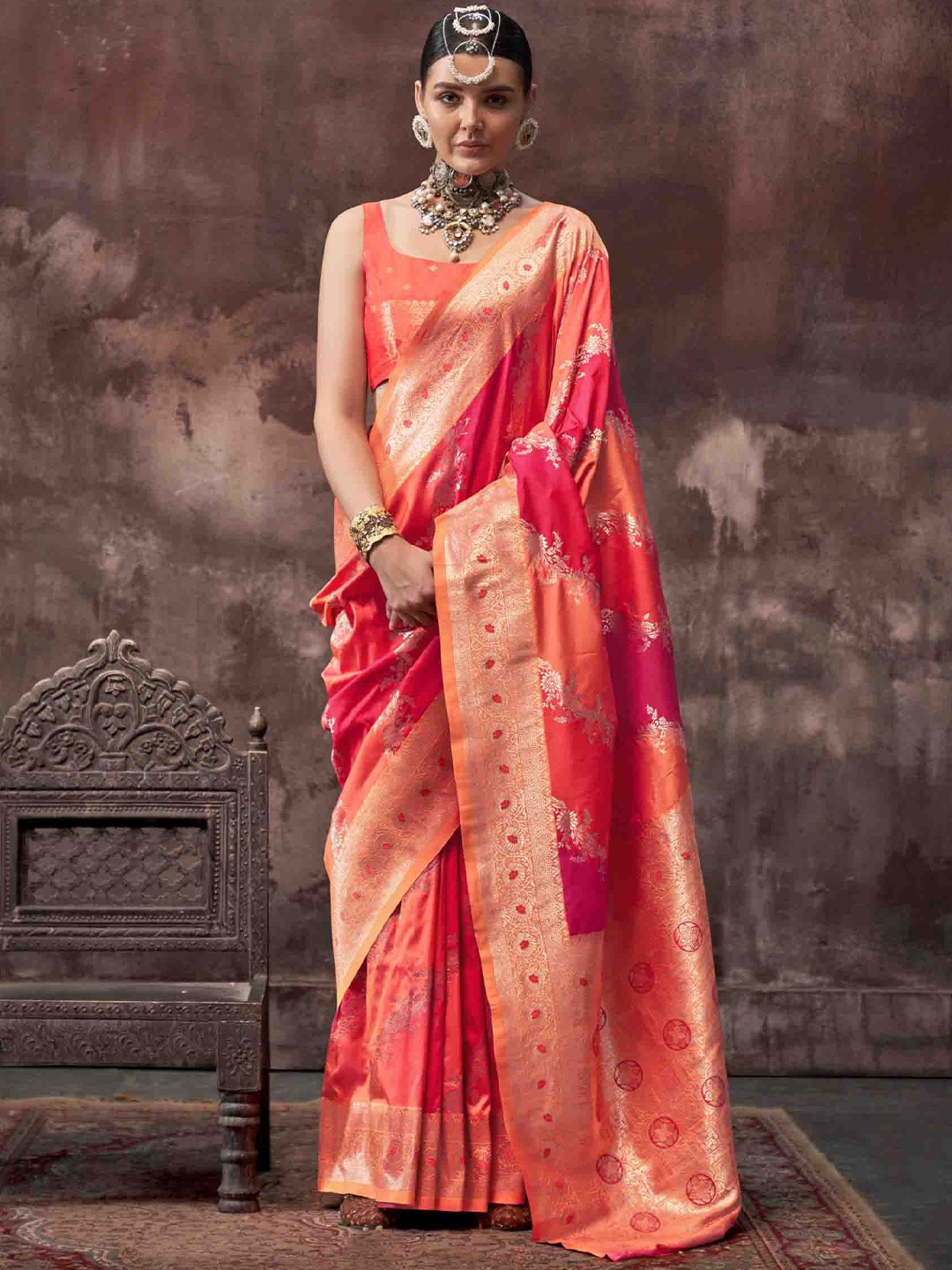 

KIMISHA Woven Design Ethnic Motifs Zari Saree, Orange