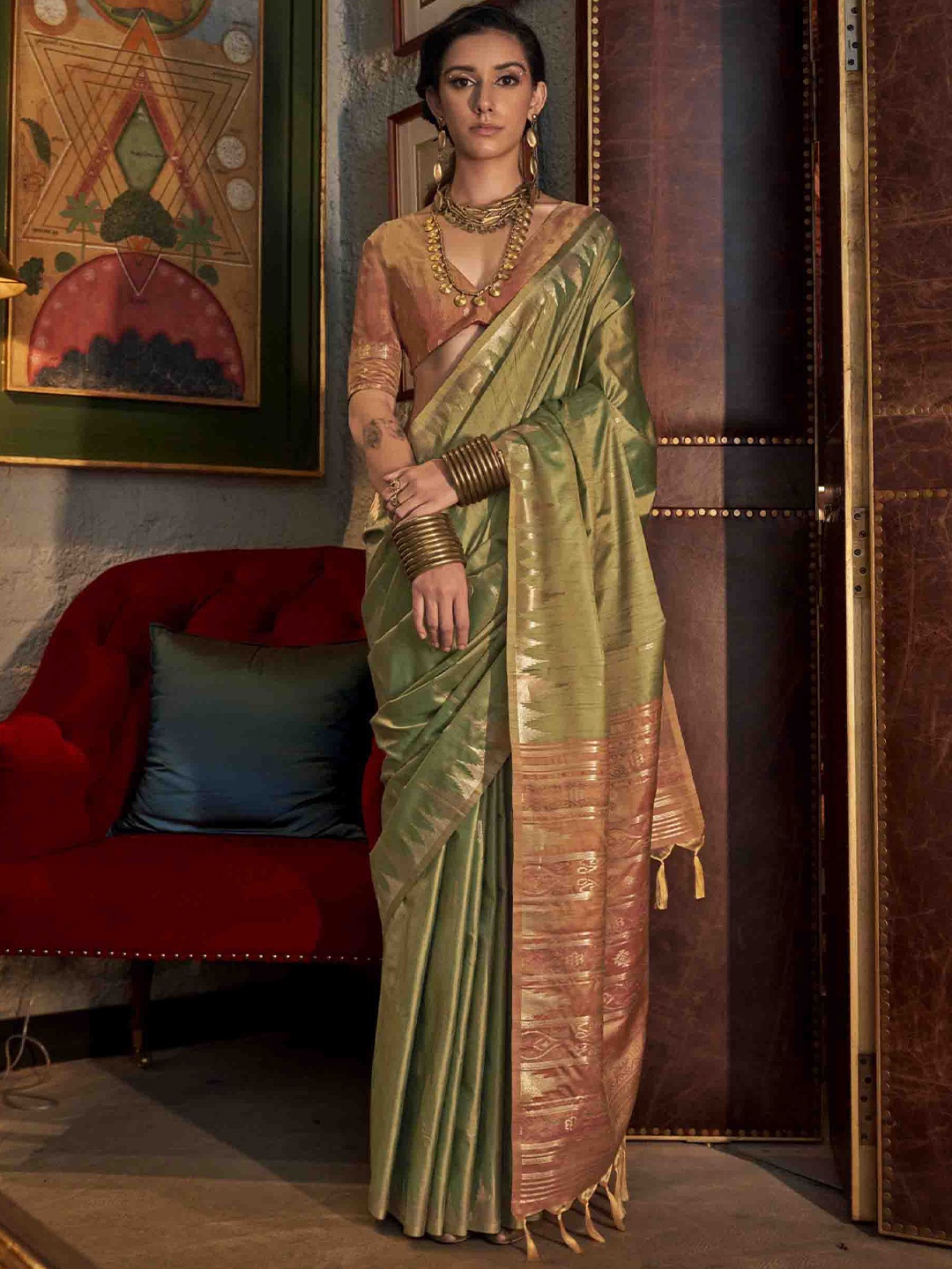 

Kimisha Woven Design Zari Tussar Silk Saree, Green