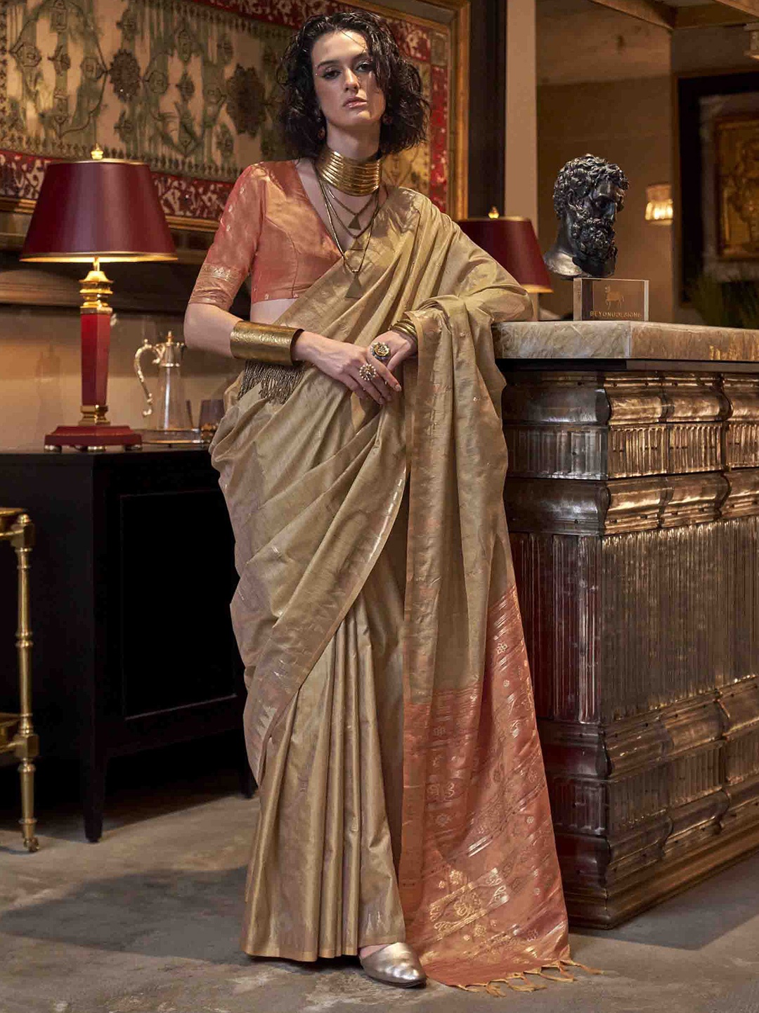 

KIMISHA Woven Design Tussar Saree, Beige