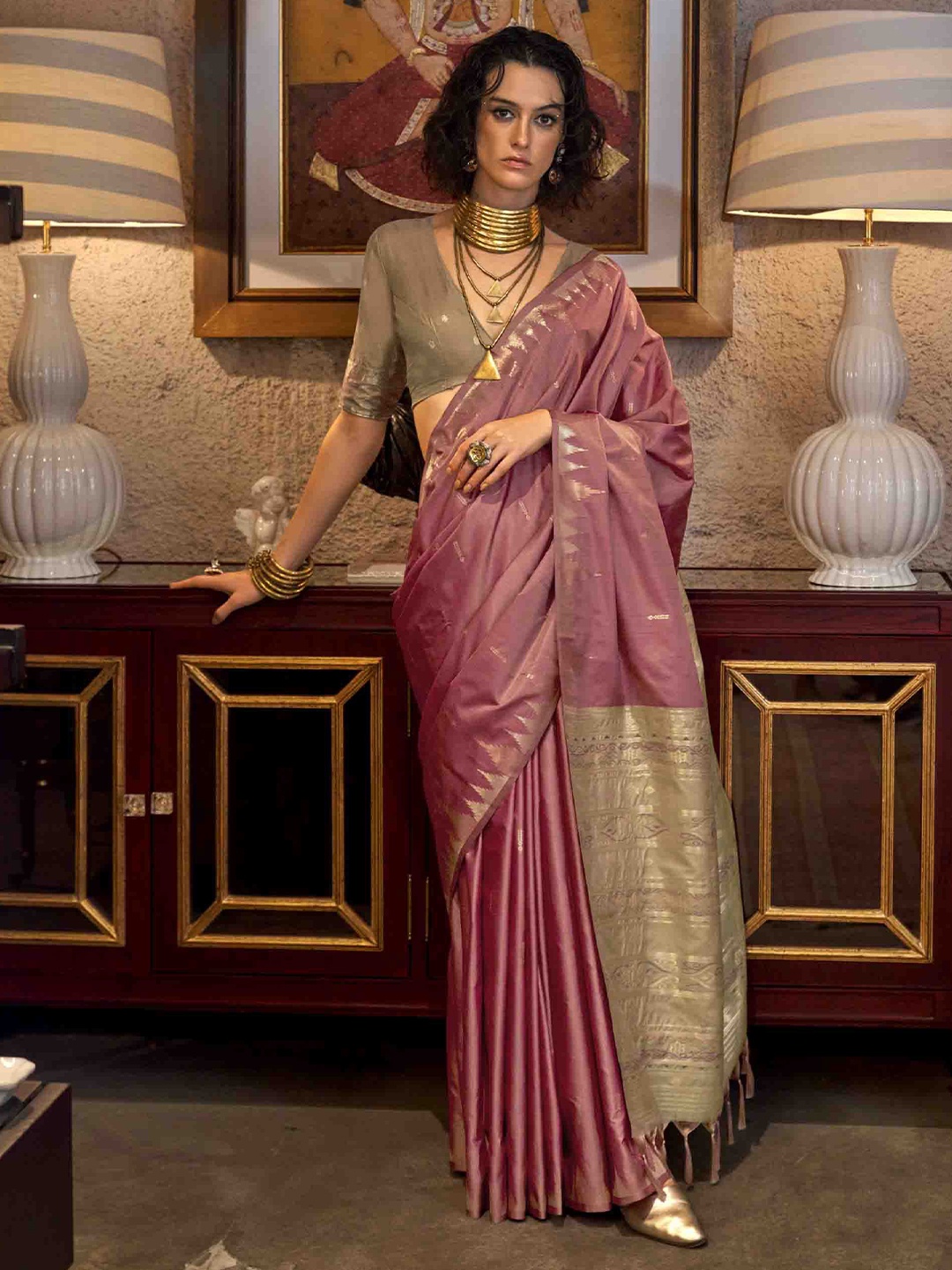 

KIMISHA Women Woven Design Zari Tussar Saree, Pink