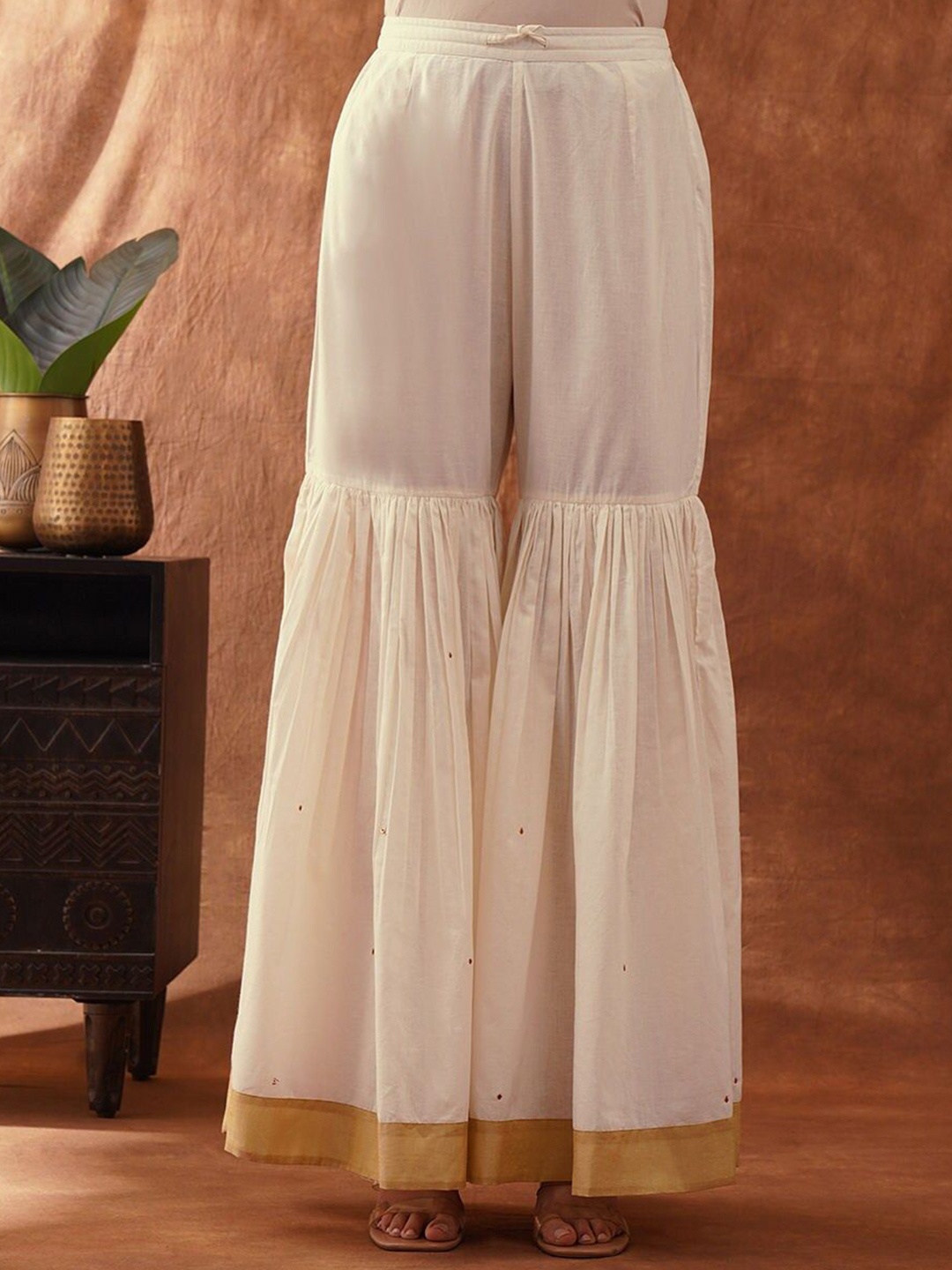 

JAYPORE Women Embroidered Flared Ethnic Palazzos, Cream