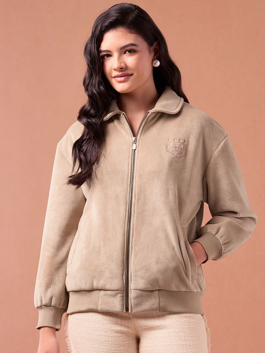 

U.S. Polo Assn. Women Spread Collar Solid Casual Bomber Jacket, Beige