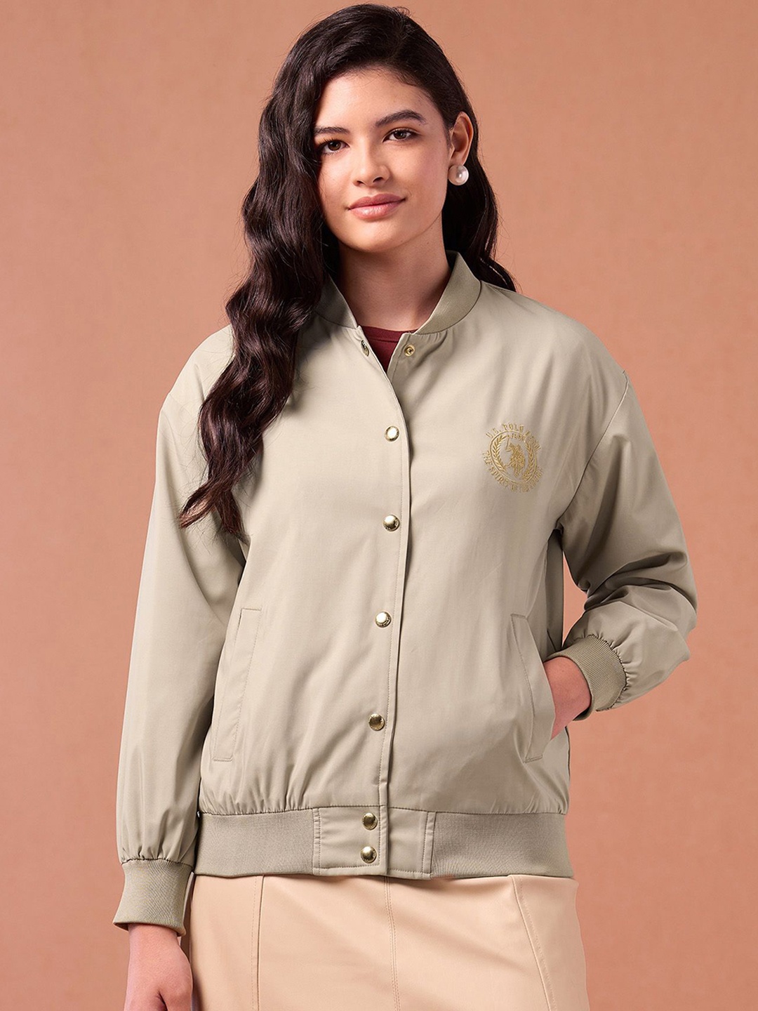 

U.S. Polo Assn. Women Stand Collar Solid Casual Bomber Jacket, Beige