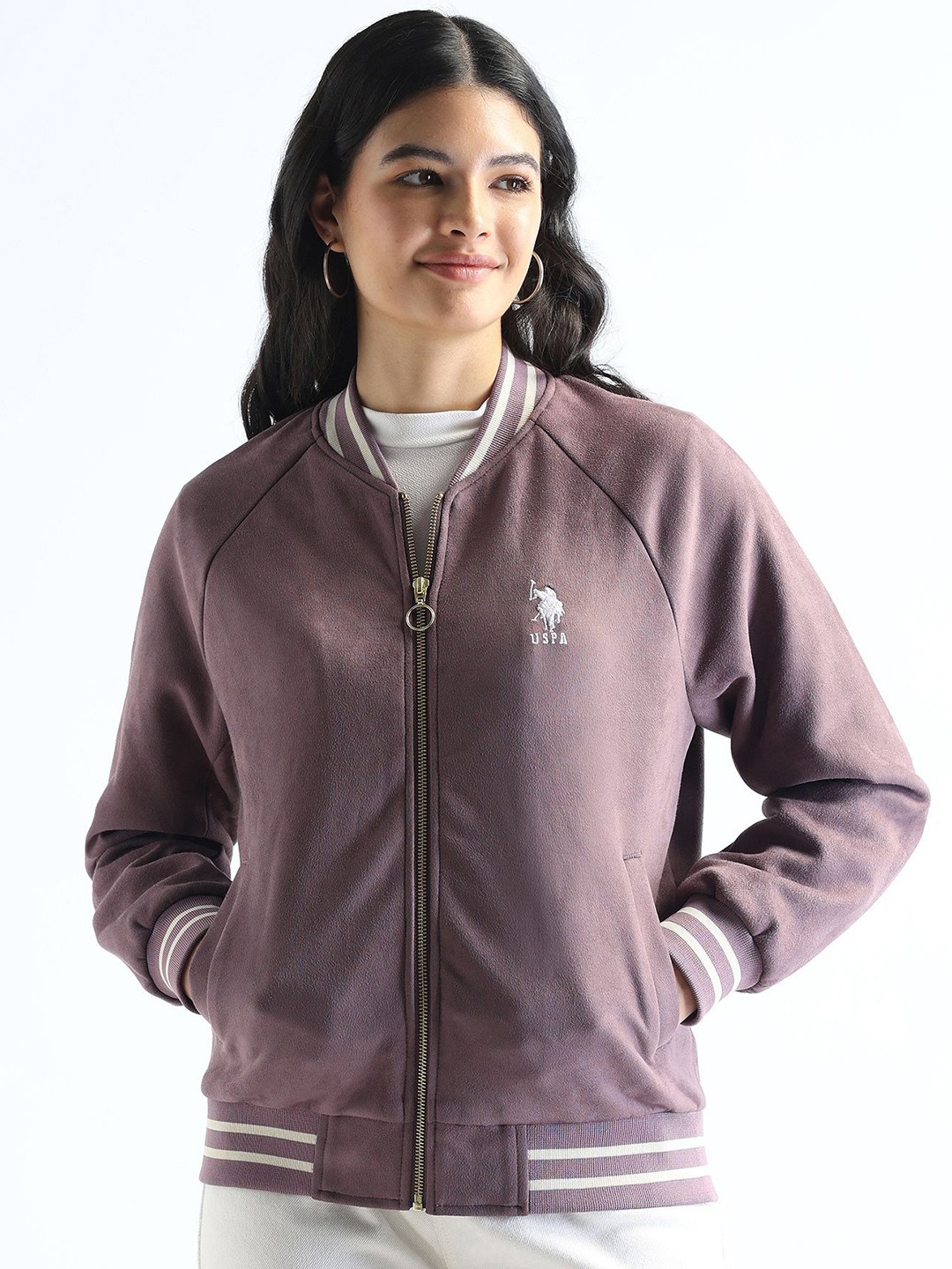 

U.S. Polo Assn. Women Stand Collar Solid Casual Bomber Jacket, Pink
