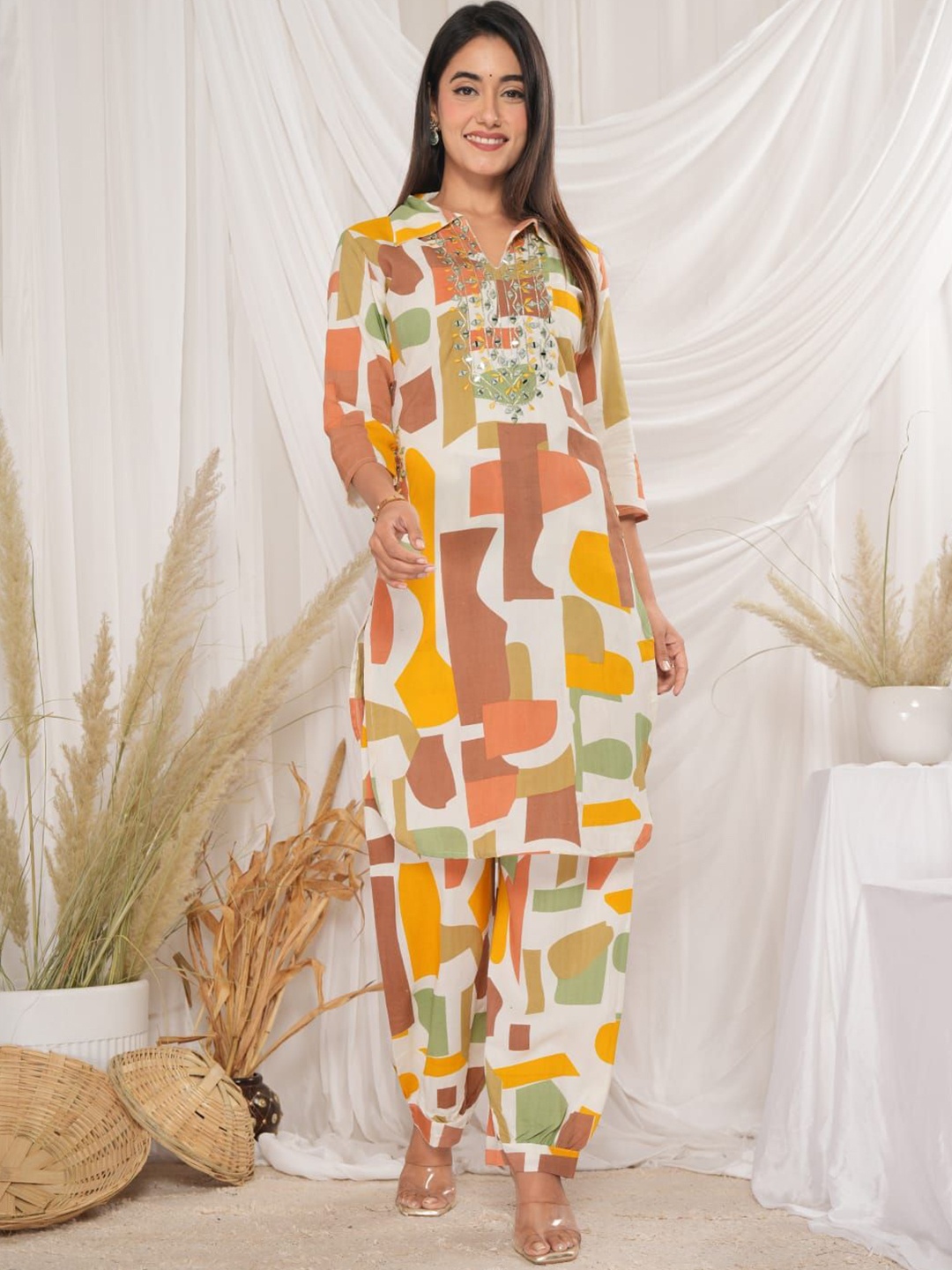 

MILAAV Abstract Printed Shirt Collar Neck Tunic With Trousers, White