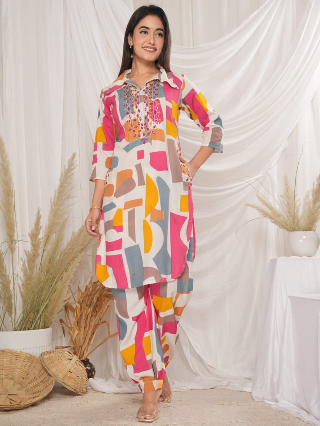 

MILAAV Abstract Printed Shirt Collar Neck Tunic With Trousers, White
