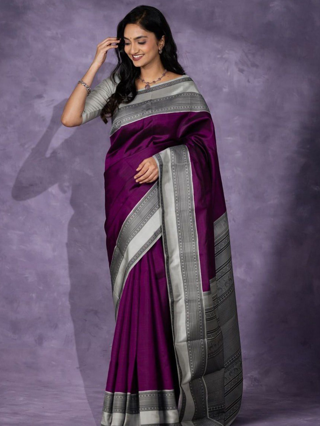 

bansari textiles Woven Design Zari Silk Cotton Kanjeevaram Saree, Purple