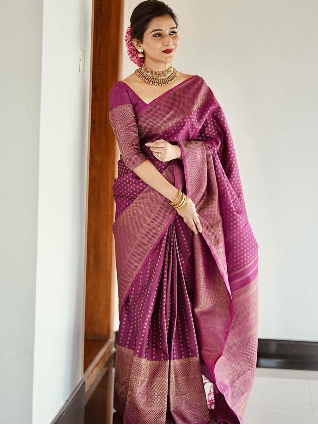 

bansari textiles Woven Design Zari Silk Cotton Kanjeevaram Saree, Pink