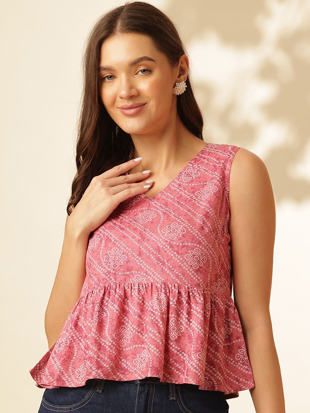 

Anouk Rustic Bandhani Ethnic Print Peplum Top, Pink