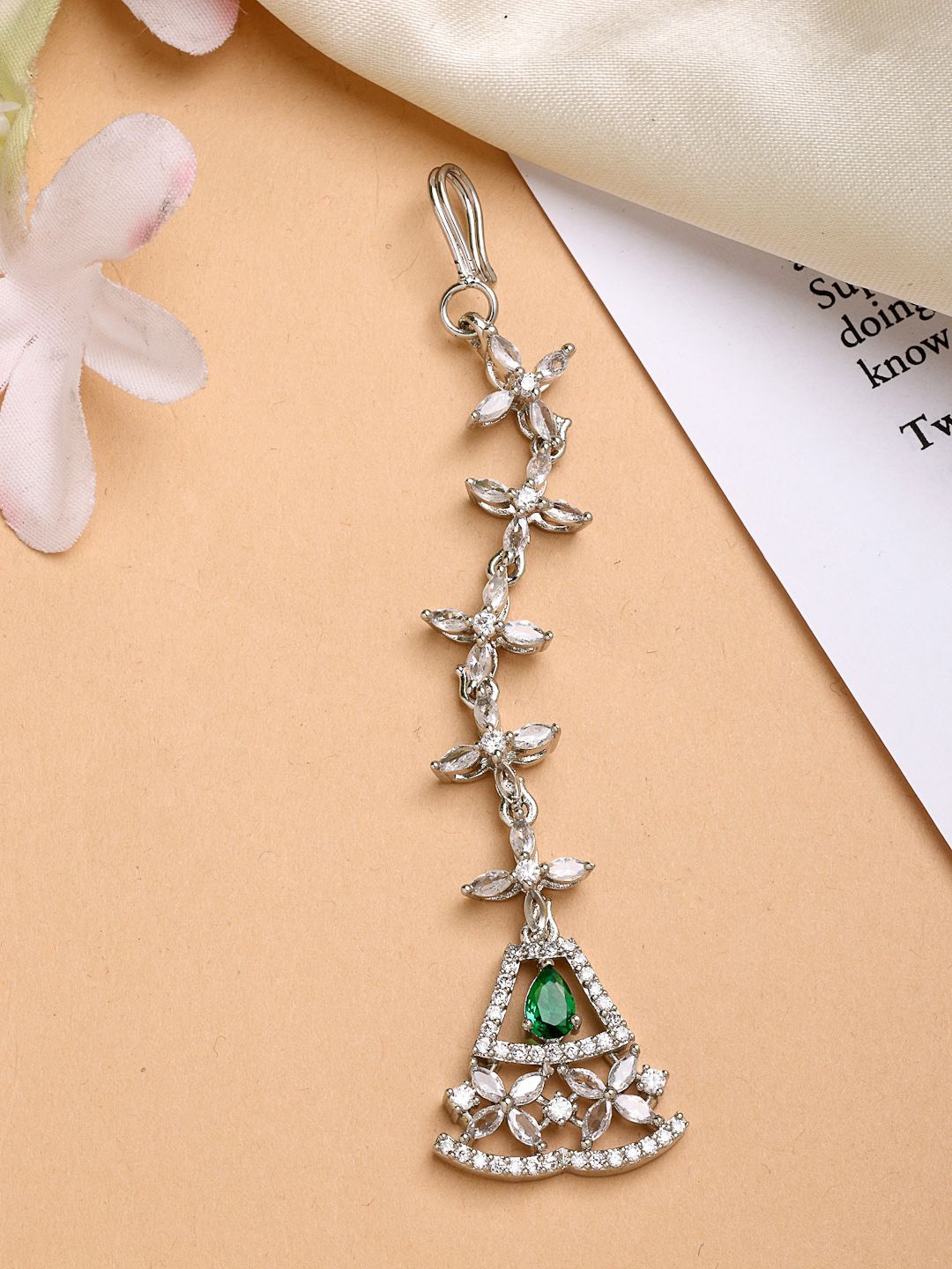 

ZENEME Rhodium-Plated American Diamond Studded Maang Tikka Head Jewellery, Silver