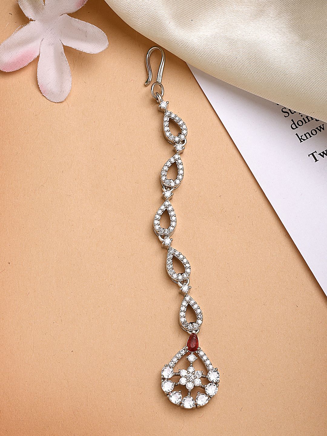 

ZENEME Rhodium Plated Cascade American Diamond Crystal Mangtikka, Silver