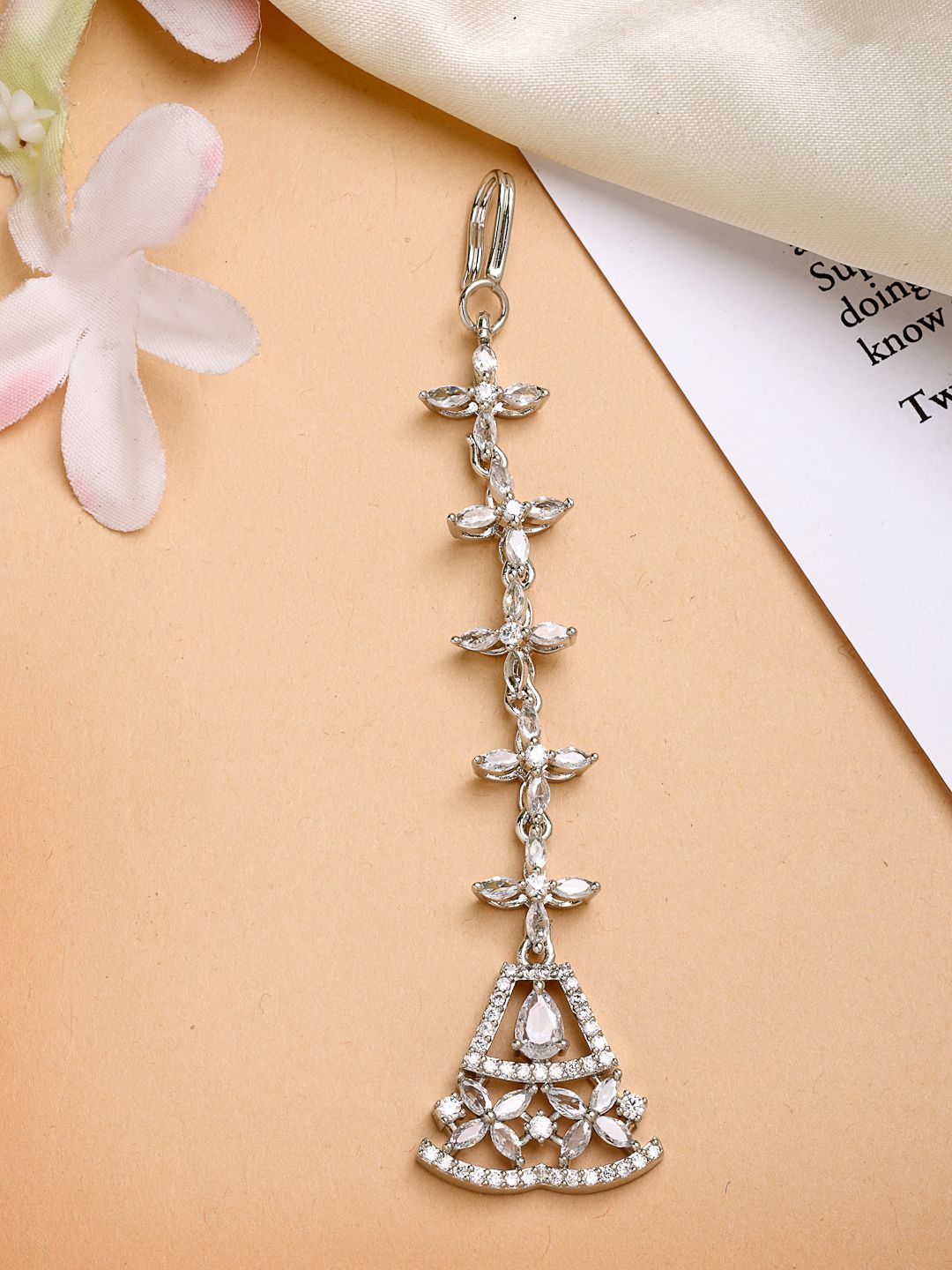 

ZENEME Rhodium Plated Gleam American Diamond Crystal Mangtikka, Silver