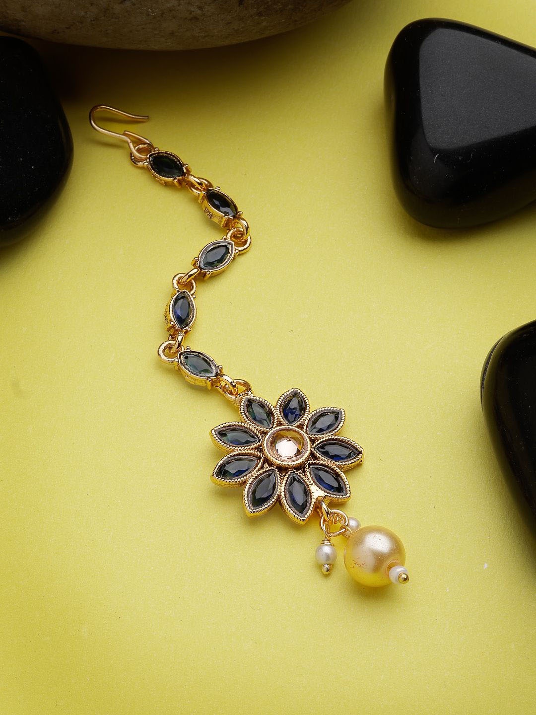 

ZENEME Gold-Plated CZ Studded & Beaded Floral Designed Maangtikka