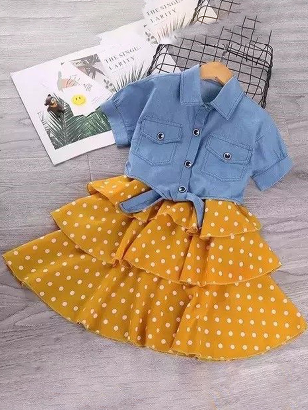 

Belfry Girls Polka Shirt Collar Dot Crepe A-Line Dress, Yellow