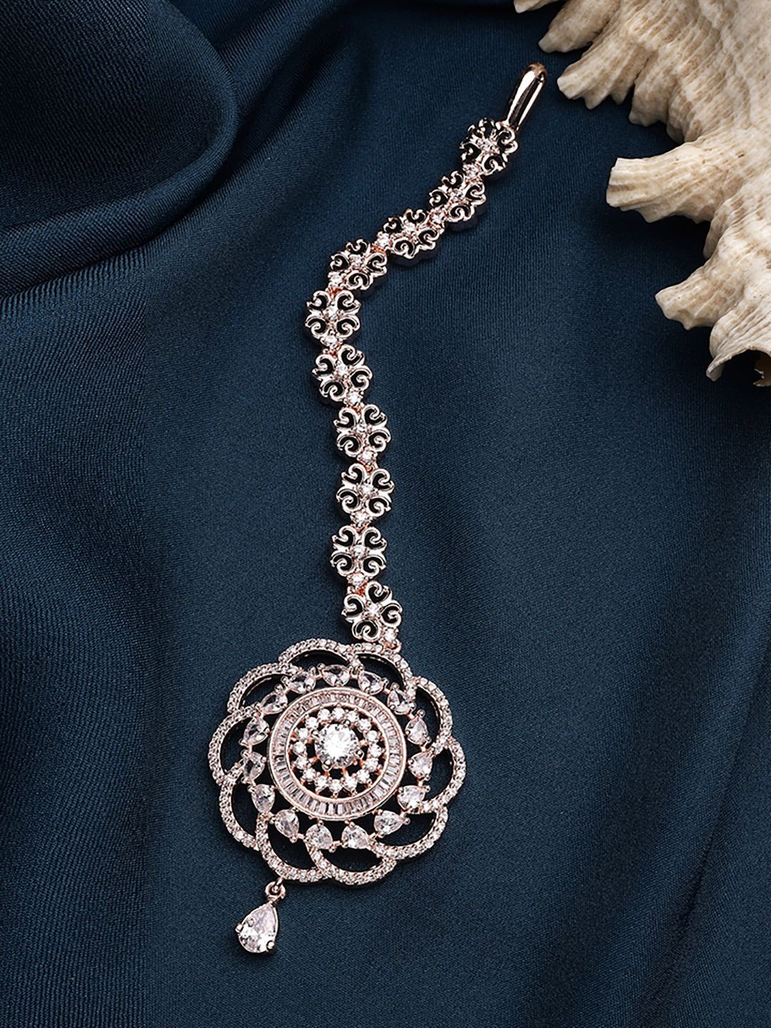 

ZENEME Rose Gold-Plated American Diamond Studded Floral Mangtikka