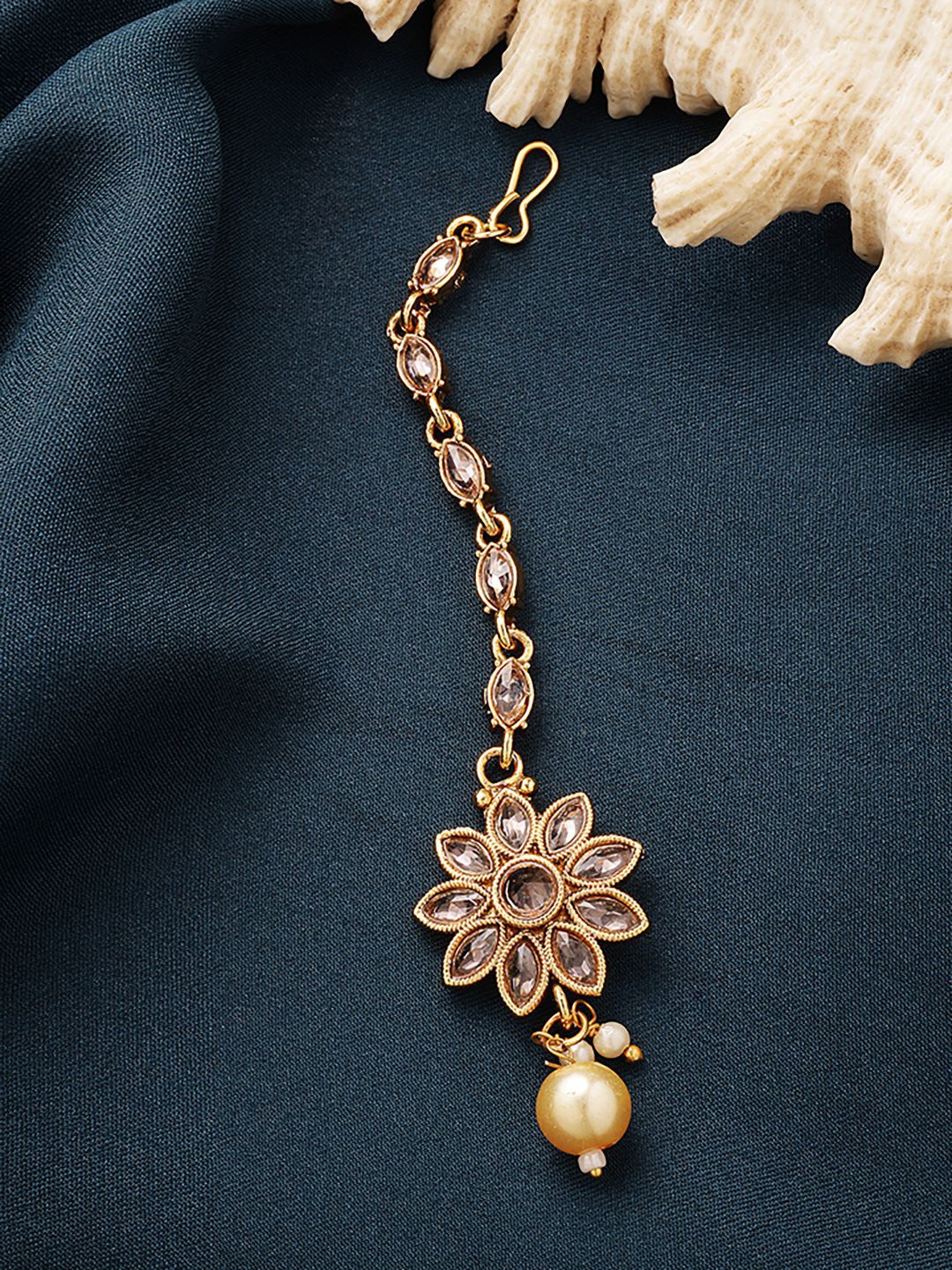 

ZENEME Gold-Plated CZ Studded Floral Designed Maangtikka